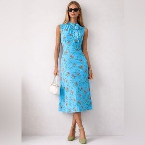 LK Bennett Vali Blue Valerian Floral Print Tie Neck Silk Midi Dress Size 6